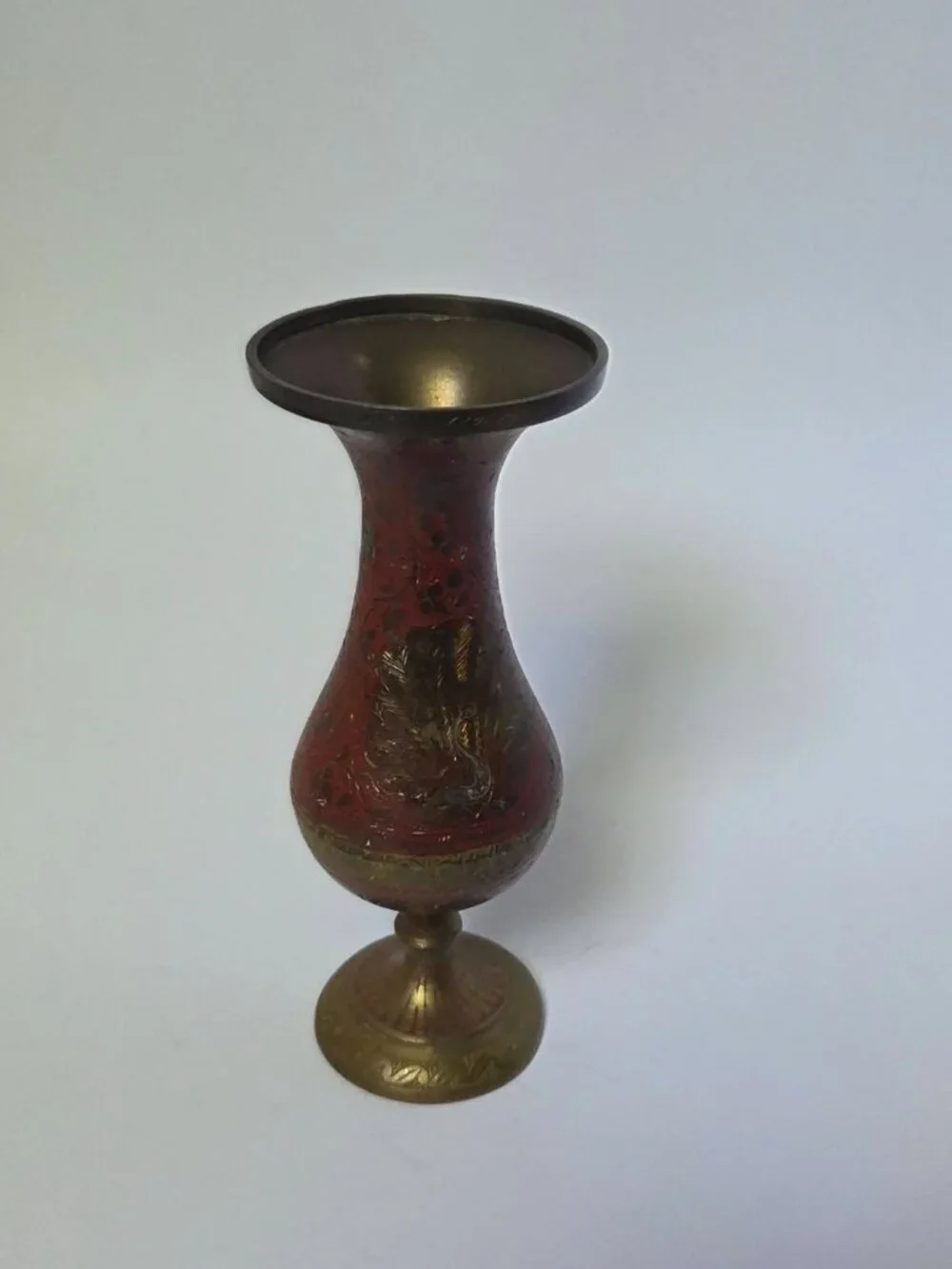 Vintage Enameled Brass Peacock Vase Made in India Hand Etched Red Pedestal Bud